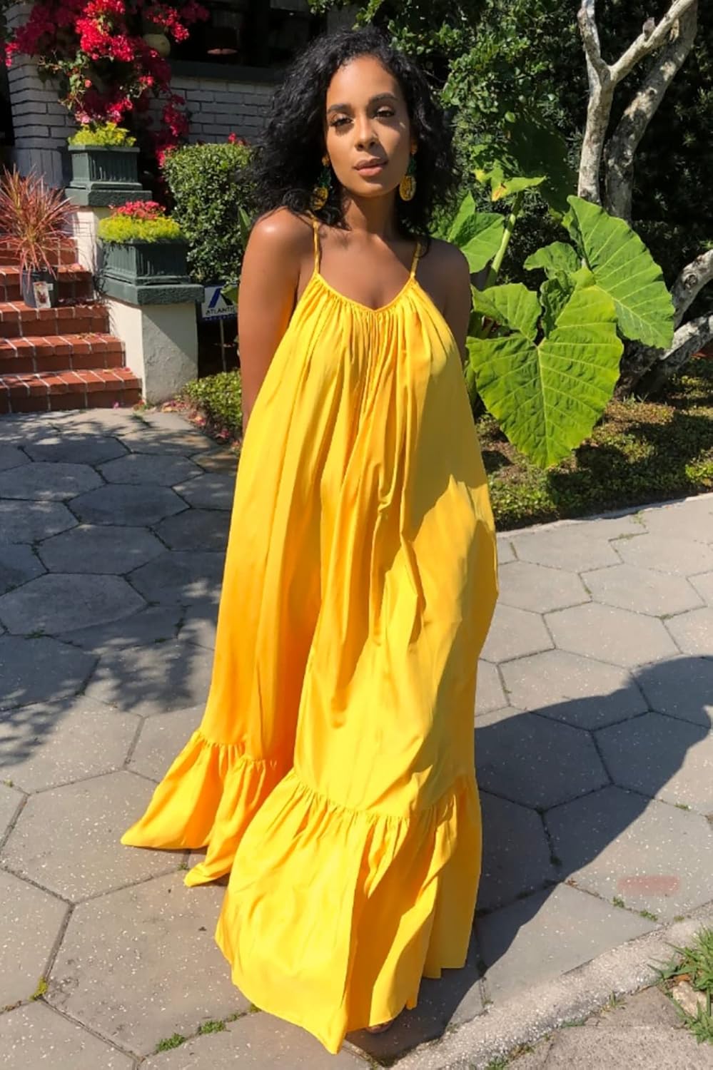 Womens Sexy Sleeveless Spaghetti Strap Dress Ruched Ruffle Hem Beach Loose Long Maxi Swing Dress Plus Size - Image 3