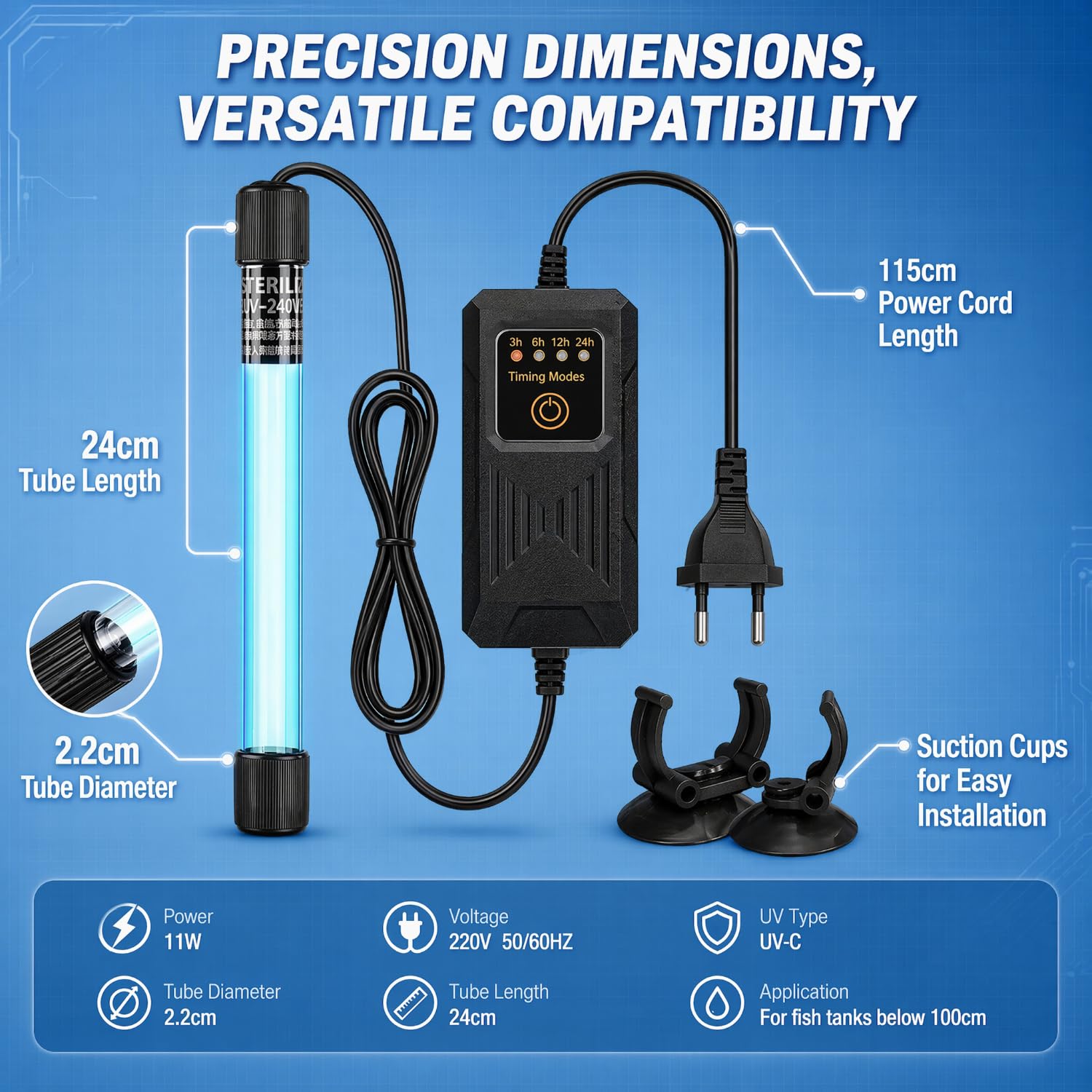 Sommergibile Lampada UV Luce 11W UV Sterilizzatore Chiarificatore Acquario, con Timer