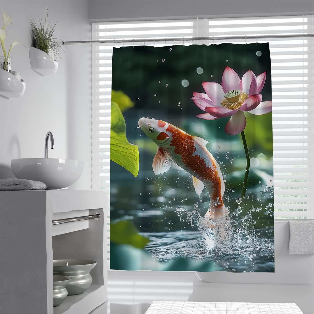 Uiringart Shower Curtains Jumping Carps Bathroom Curtains W100xl200cm Water Lily Droplets Pond Wildlife Backdrop Water-Repellent Machine Washable Polyester Fabric Bath Shower Curtain For Wet Room With Hooks