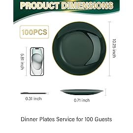 Nervure 100Pcs Green and Gold Plastic Plates - 10.25inch Disposable Green Dinner Plates - Heavy Duty Plastic Plate Ideal for Wedding & Party & Christmas