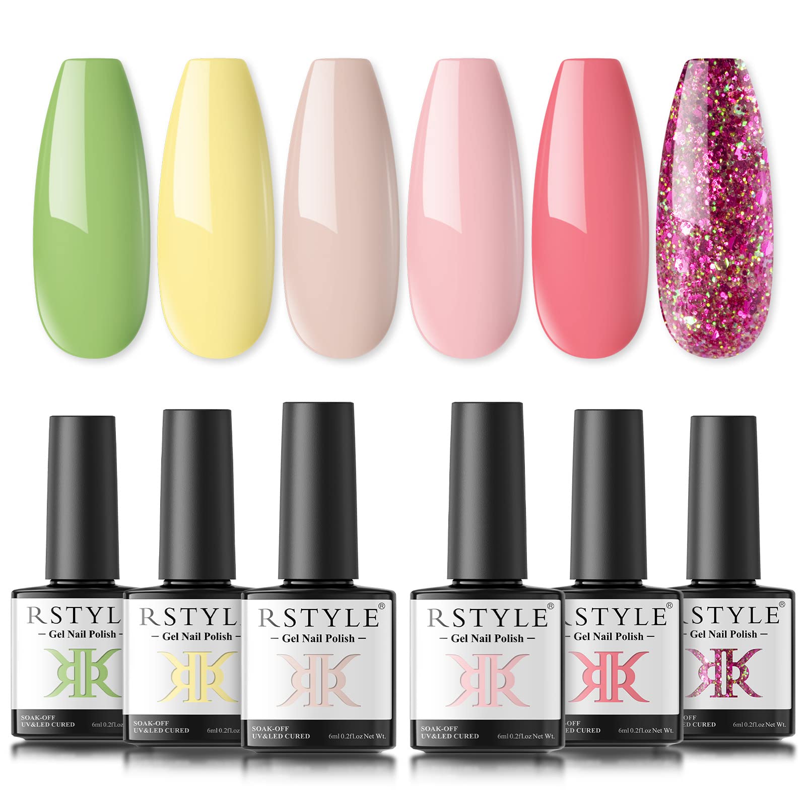 RSTYLE UV Nail Polish Set, 6 Colours Pink Glitter Nude Colours Shellac Nail Polish Set UV/LED Gel Nail Polish Set Soak Off Gel Polish Set Starter Home Salone Professional