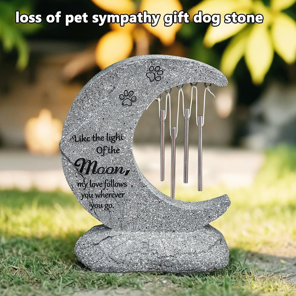 jinhuoba Moon Shaped Pet Memorial Stones for Dogs with Wind Chimes, Paw Prints Headstones Grave Stones for Loss of Pet Dog Memorial Gifts Sympathy Remembrance Gifts for Garden Backyard Patio or Lawn