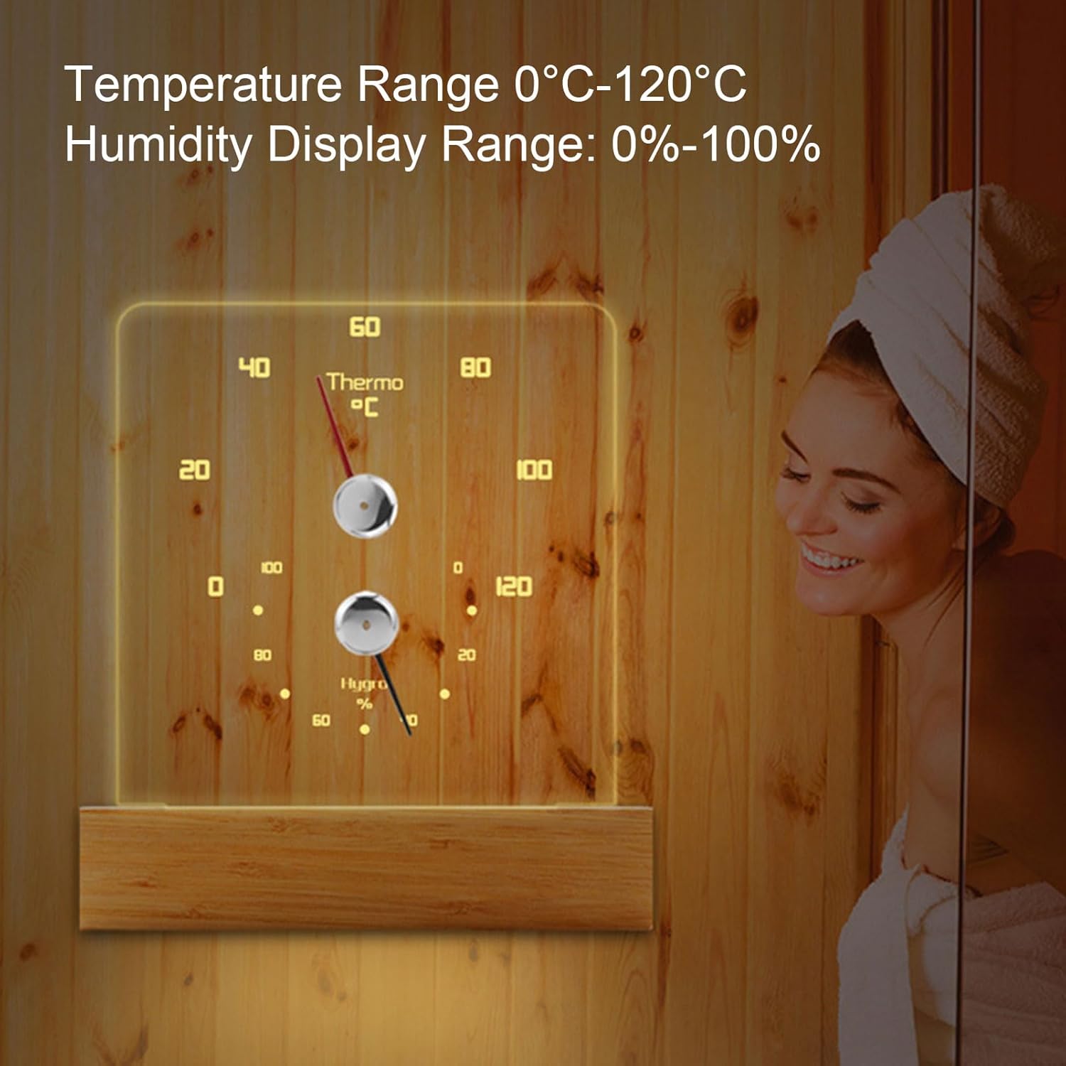 Sauna Temp Gauge Hygrometer LED 2 in 1 Humidity Temperature Monitor with Base and Clear Acrylic for Home Sauna Room Accessory (Celsius Display Range 0°C-120°C)