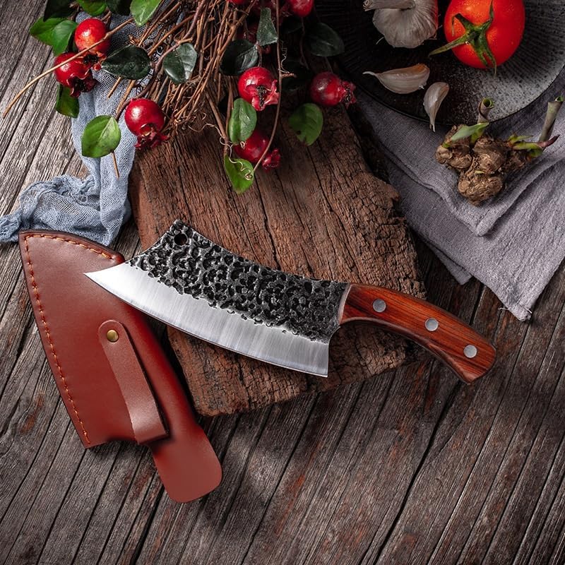 Meat Cleaver,Cleaver Knife 6.3 Inch High-Carbon Steel Kitchen Knives Meat Cleaver Chef Cutter Handmade Butcher Knife Camping Cutting Tools And Sheath, LAMAJIGA5844
