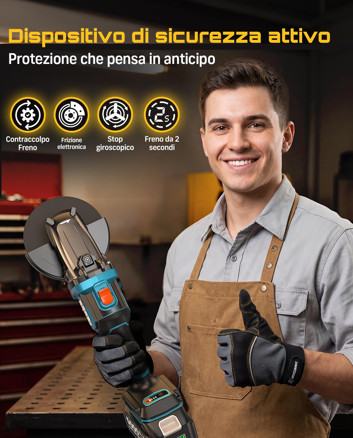 SEESII Smerigliatrice Angolare 21V - Batteria 5.0Ah + Regolazione Velocità | Testa piatta, 6 velocità (12000 giri/min), Stop anticaduta + Ripartenza + Avvio morbido + Sovraccarico, Dischi 115-125mm