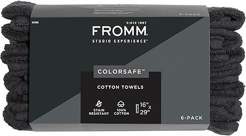 Fromm ColorSafe - Toallas de pelo 100 % algodón a prueba de blanqueador para estilistas, peluqueros, spa, gimnasio en negro, 16 x 29 pulgadas, 6