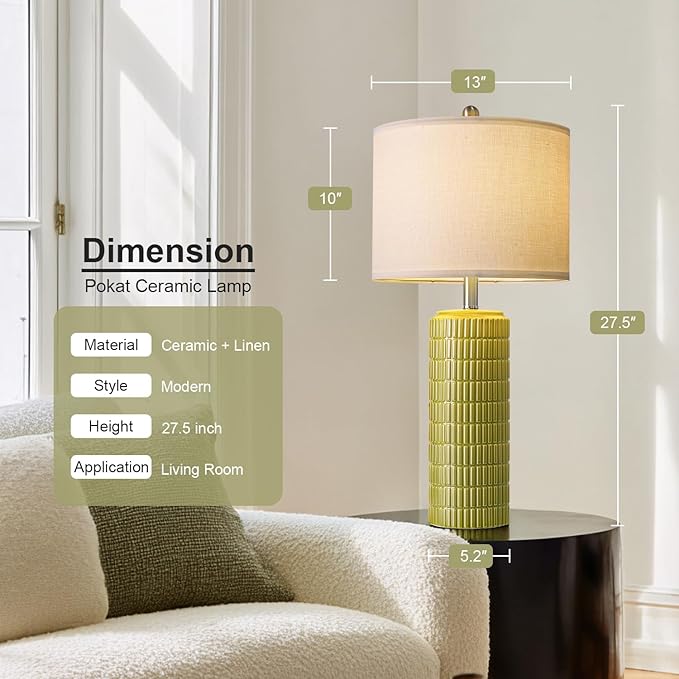 PoKat PoKat 27.5'' Tall Table Lamps for Living Room Set of 2, Mid Modern Century Ceramic Bedroom Lamps for Night Stands, Bedside Lamps for Bedroom, Nightstand Lamps for Side End Table Hallway, Green photo 6