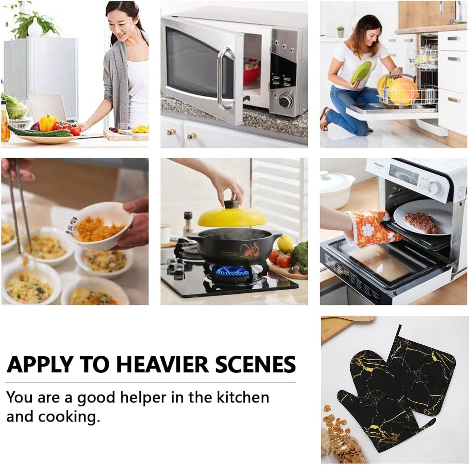 Marble Gold Black Oven Mitts and Pot Holders Sets of 4, Heat Resistant Silicone Oven Mittens and Potholders Gloves Hot Pads for Kitchen Cooking Baking Grilling BBQ Chef - Image 8