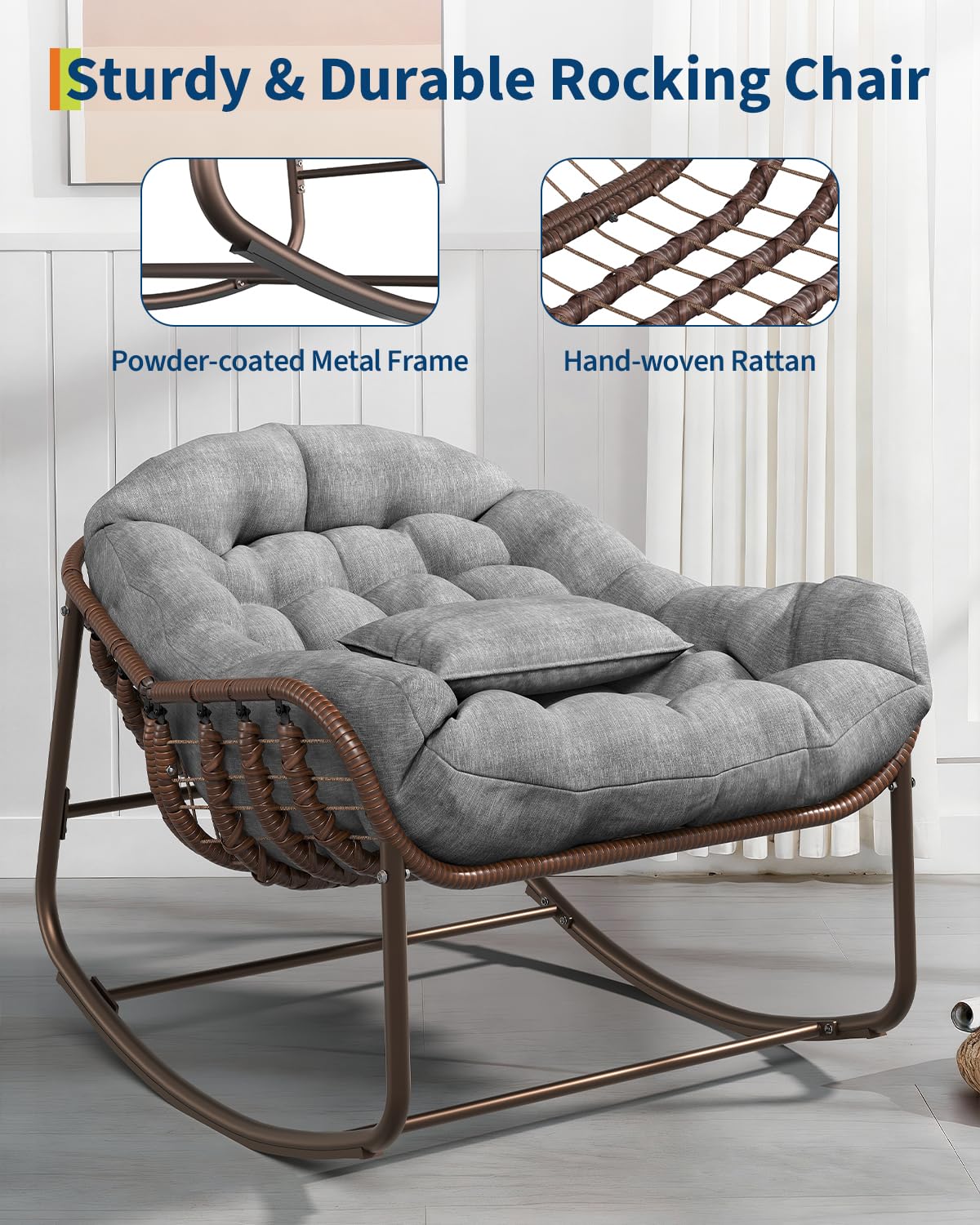 Ei-Schaukelstuhl Mit Rattan Und Polster, Schaukelsessel Mit Eisenrahmen Sitzhöhe 80cm, Gepolsterter Relaxsessel Für Wohnzimmer Balkon Garten Outdoor, Braun Pulverbeschichtet Dunkelgrau