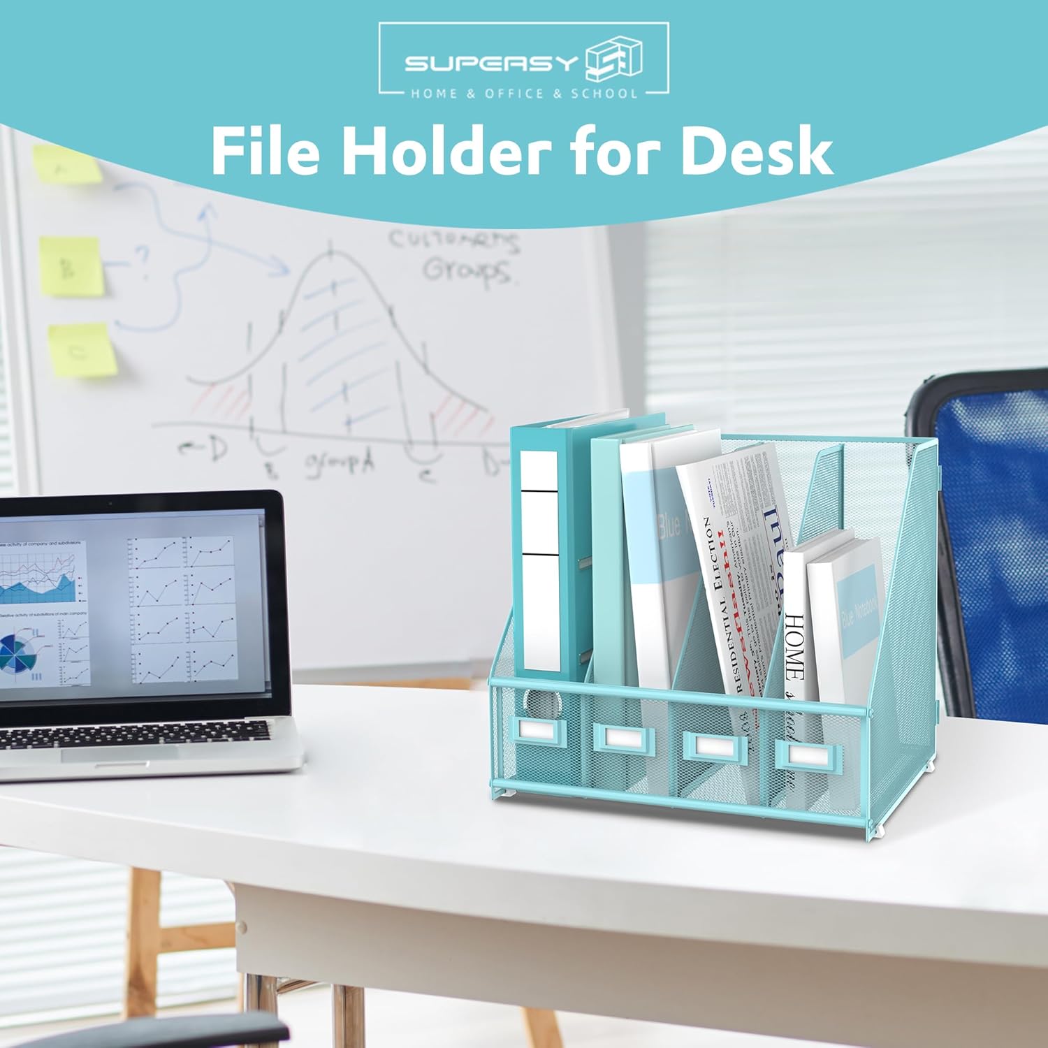 SUPEASY Magazine File Holder Desk Organizer, Metal Binder Holder with 4 Vertical Compartments for Office Home School, Blue