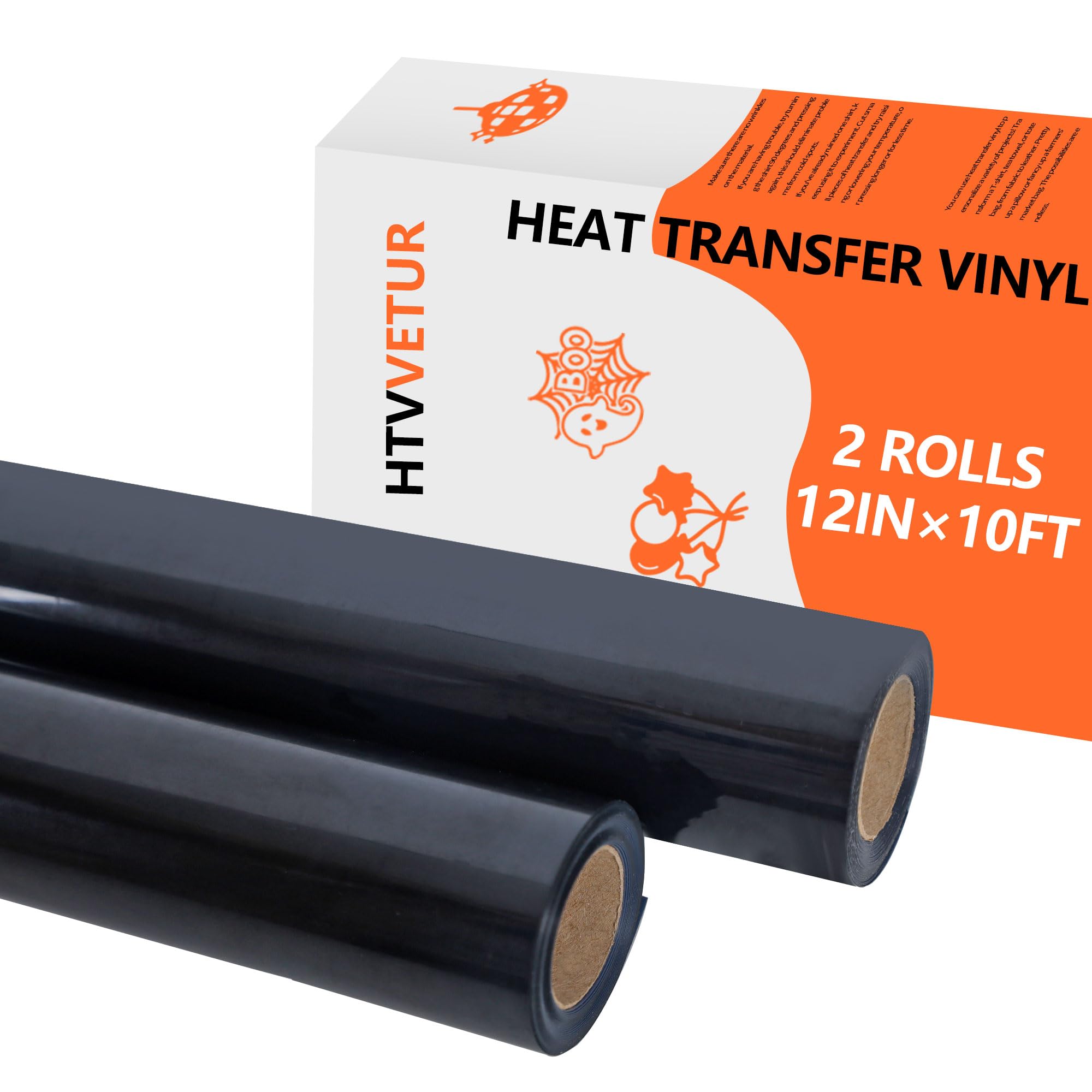 HTVVETUR HTV Vinyl Heat Transfer Vinyl - 2 Rolls 12" x 10ft Black HTV Vinyl for Shirts, Iron on Vinyl for Cameo - Easy to Cut & Weed for Heat Vinyl Design (Black, 20ft)