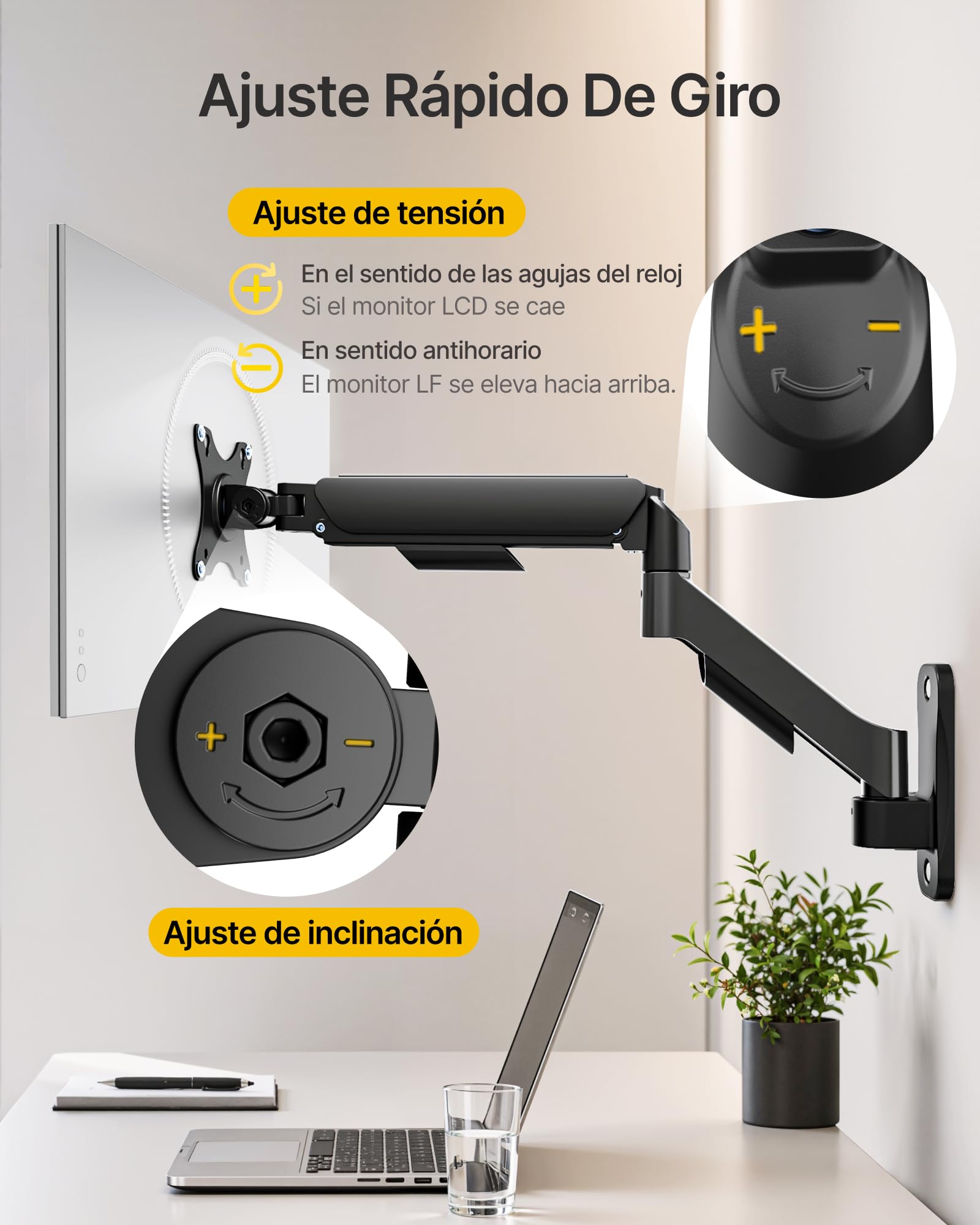 monTEK Soporte de pared para monitor individual para pantallas planas/curvadas de 17 a 32 pulgadas, soporta hasta 20 libras, brazo de monitor mecánico ajustable de movimiento completo, soporte de