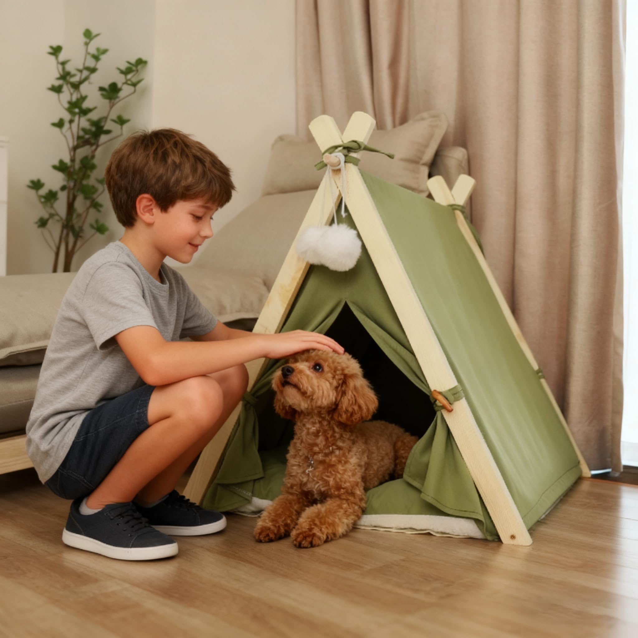 PETCUTE Tente tipi pour Chats et Petits Chiens, Pliables Tente pour Chiens avec Structure Triangulaire en Bois et Coussin Amovible, Niche d'intérieur Confortable pour Chat,Vert
