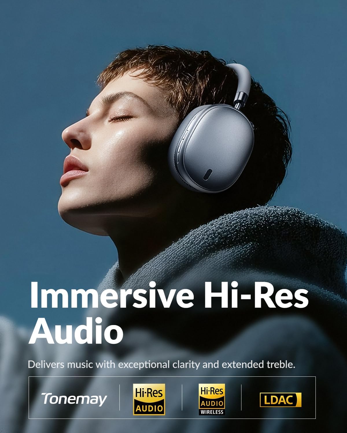 H5Max Active Noise Cancelling Headphones,Over Ear Headphones Wireless Bluetooth 6.0,130H Playtime,Lightweight,App Control,Hi-Res Audio,Comfort for Travel/PC/Home/Workout,Silver - Image 2