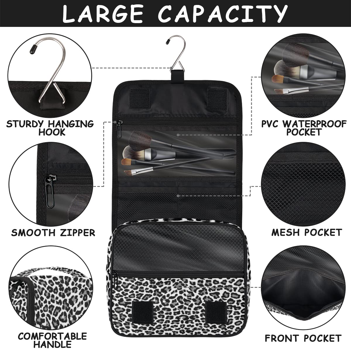 Podróżna kosmetyczka w panterkę czarna lampart nadruk torba do mycia torebka unisex wiszące przybory toaletowe organizer na kosmetyki, wielobarwny, Jeden rozmiar