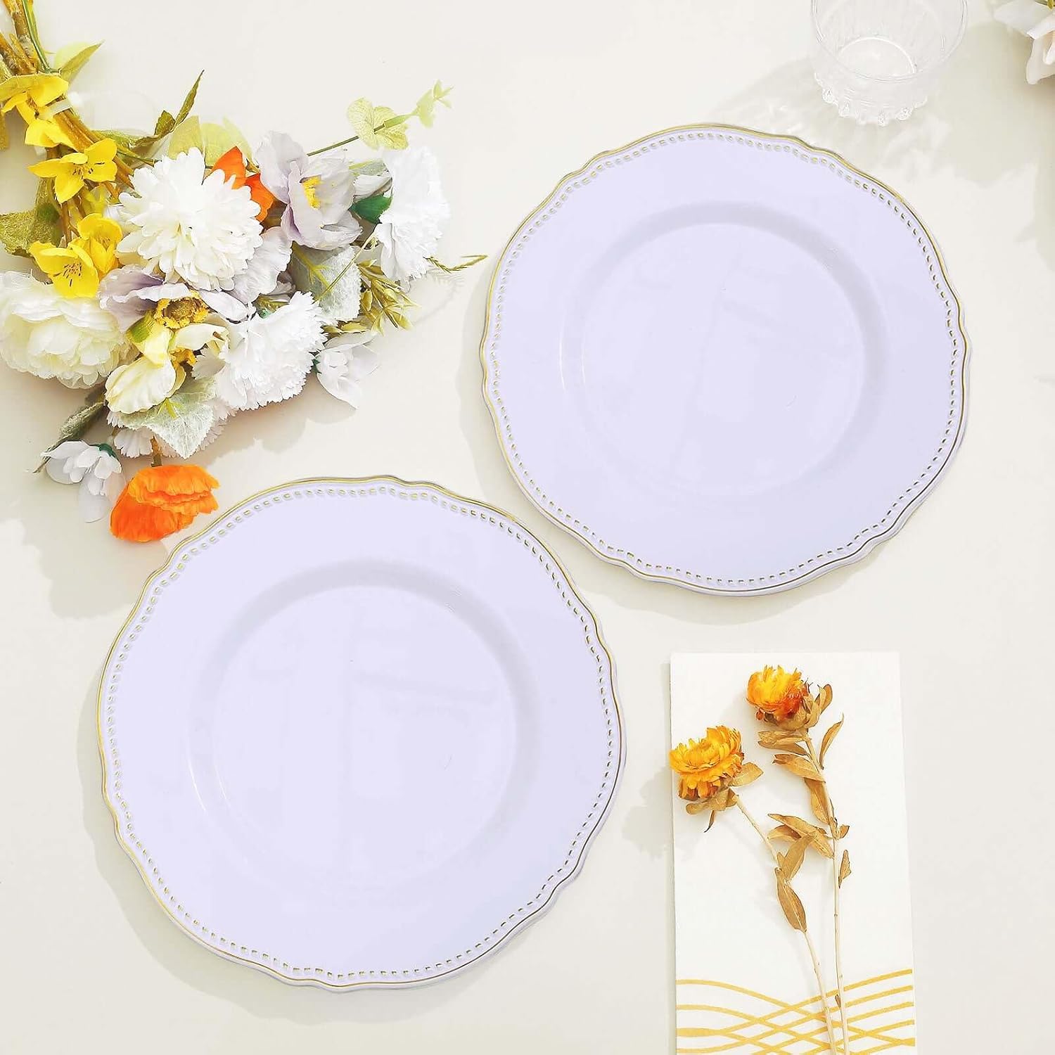 Efavormart 10-Pack 9" White Plastic Dinner Plates with Gold Scalloped Rim, Heavy-Duty Disposable Party Plates for Traditional Weddings and Bridal Showers