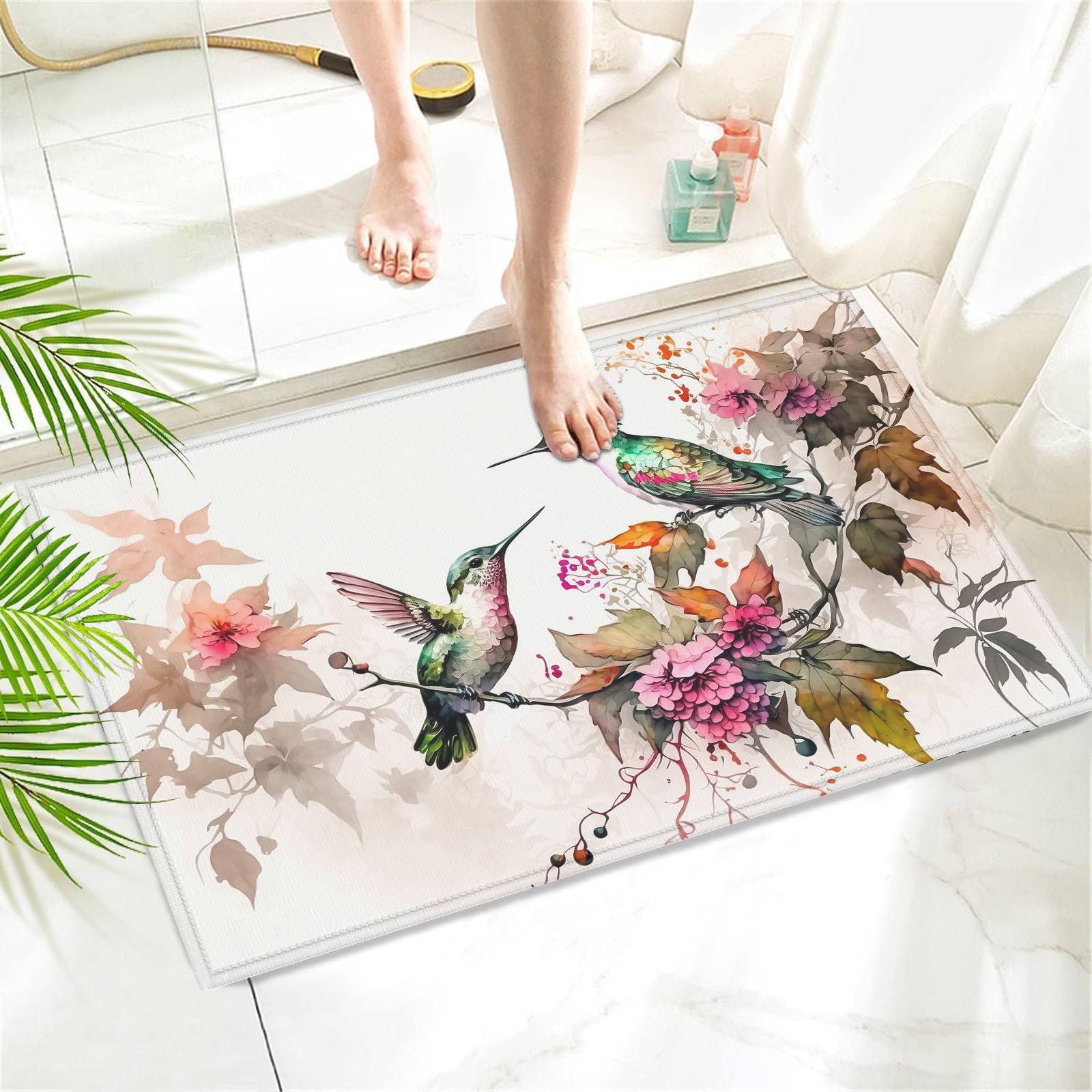 COSHARKLY Hummingbird Bath Mat,Flowers Bathroom Rug,Shower Mats for Bathtub Shower Room Sinks,Non-Slip Floor Mats Soft Doormats for Home Decor 17x30