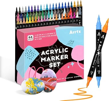 Arrtx 64 Colors Acrylic Paint Pens, Dual Tip Brush & Fine | Water Based, Non-Toxic, Paint Markers for Rock, Ceramic, Wood, Plastic, Scrapbooking, Brush Lettering, Card Making & DIY Craf