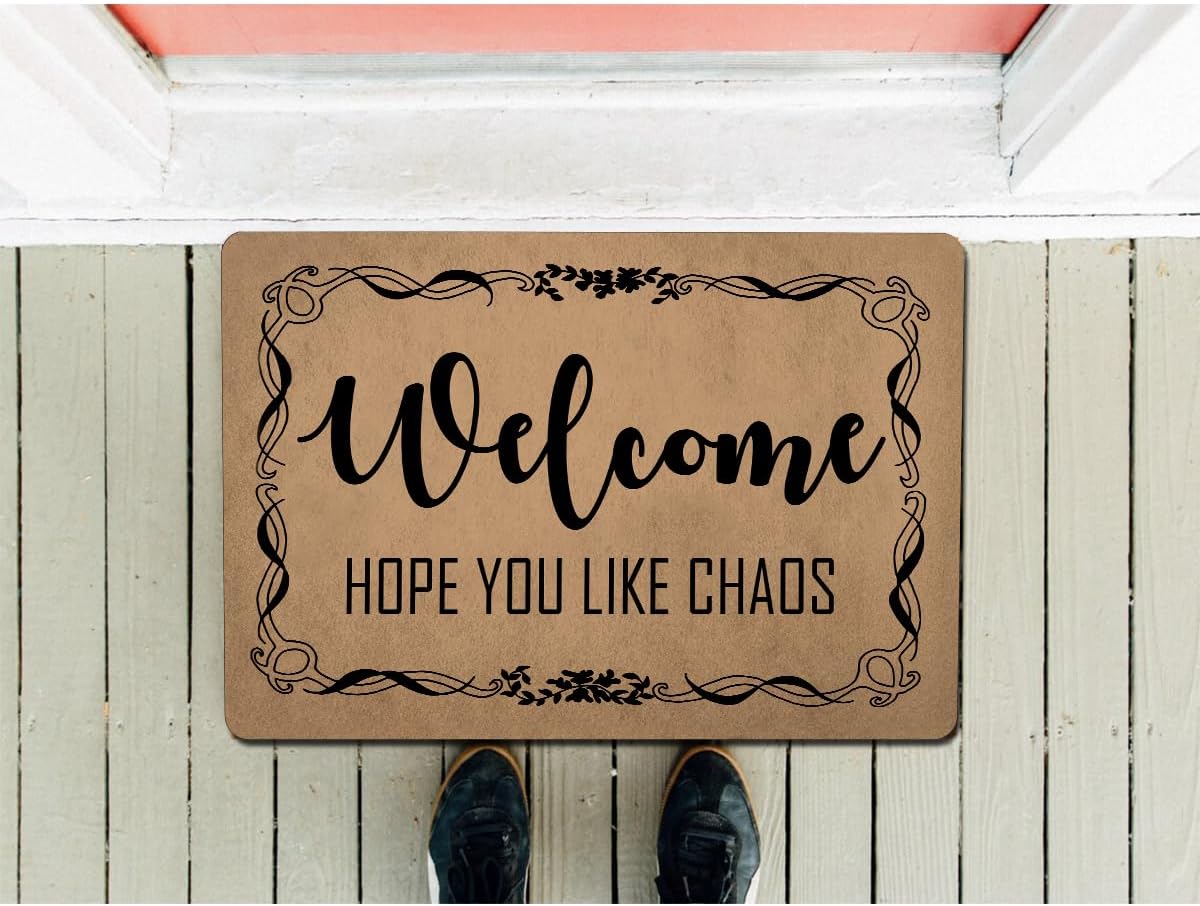 Funny Welcome Doormat for Front Door Mat House Warming Gift Rugs for Entrance Way Indoor Home Decor (23.7in X 15.6in) (Welcome, Hope You Like Chaos Humorous Home Decor Gift)