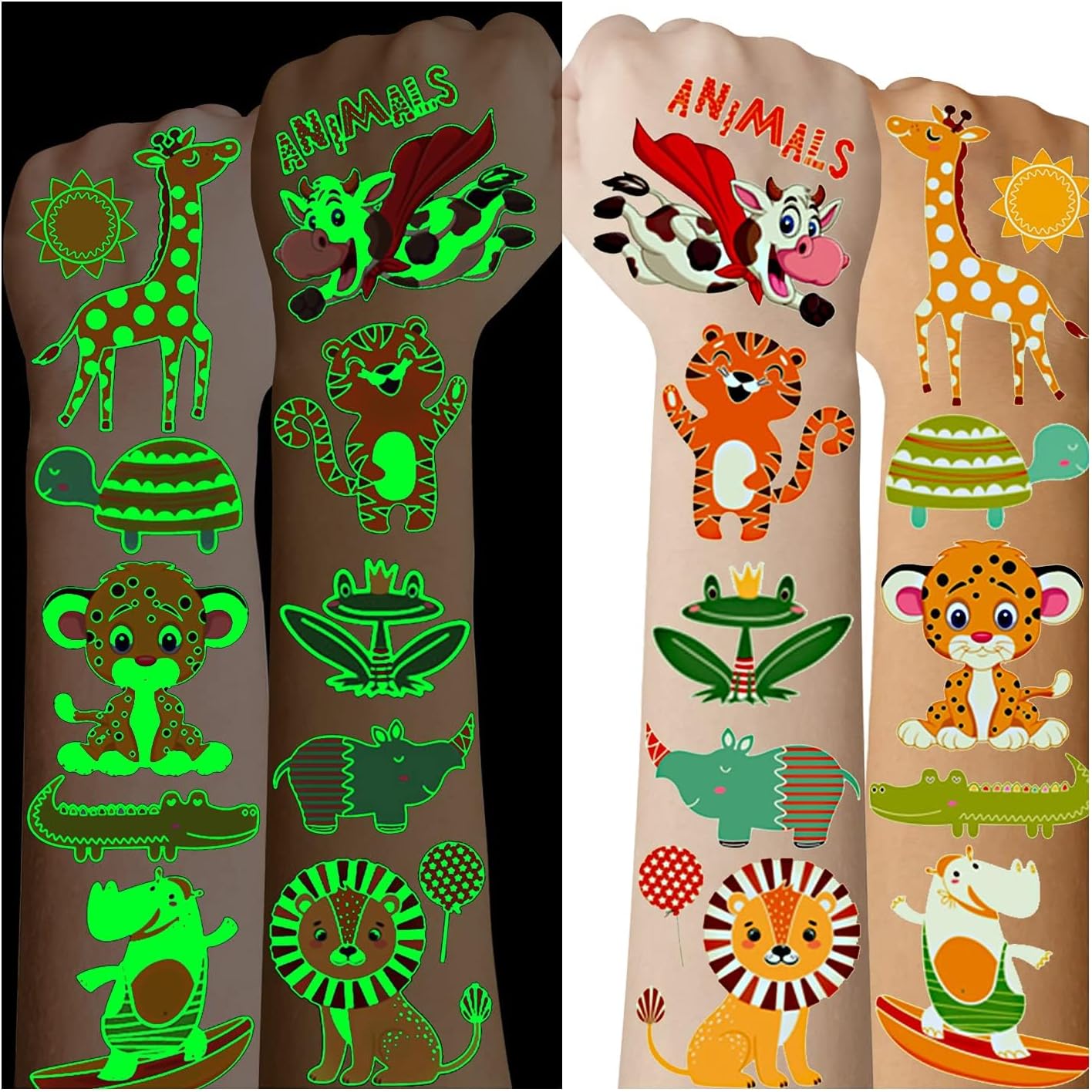 Cerlaza 136 Styles Luminous Animals Temporary Tattoos for Kids, Jungle Theme Party Supplies Favors for Boys and Girls, Safari Zoo Wild One Birthday Decorations Toddlers Tatoo-10 Sheets