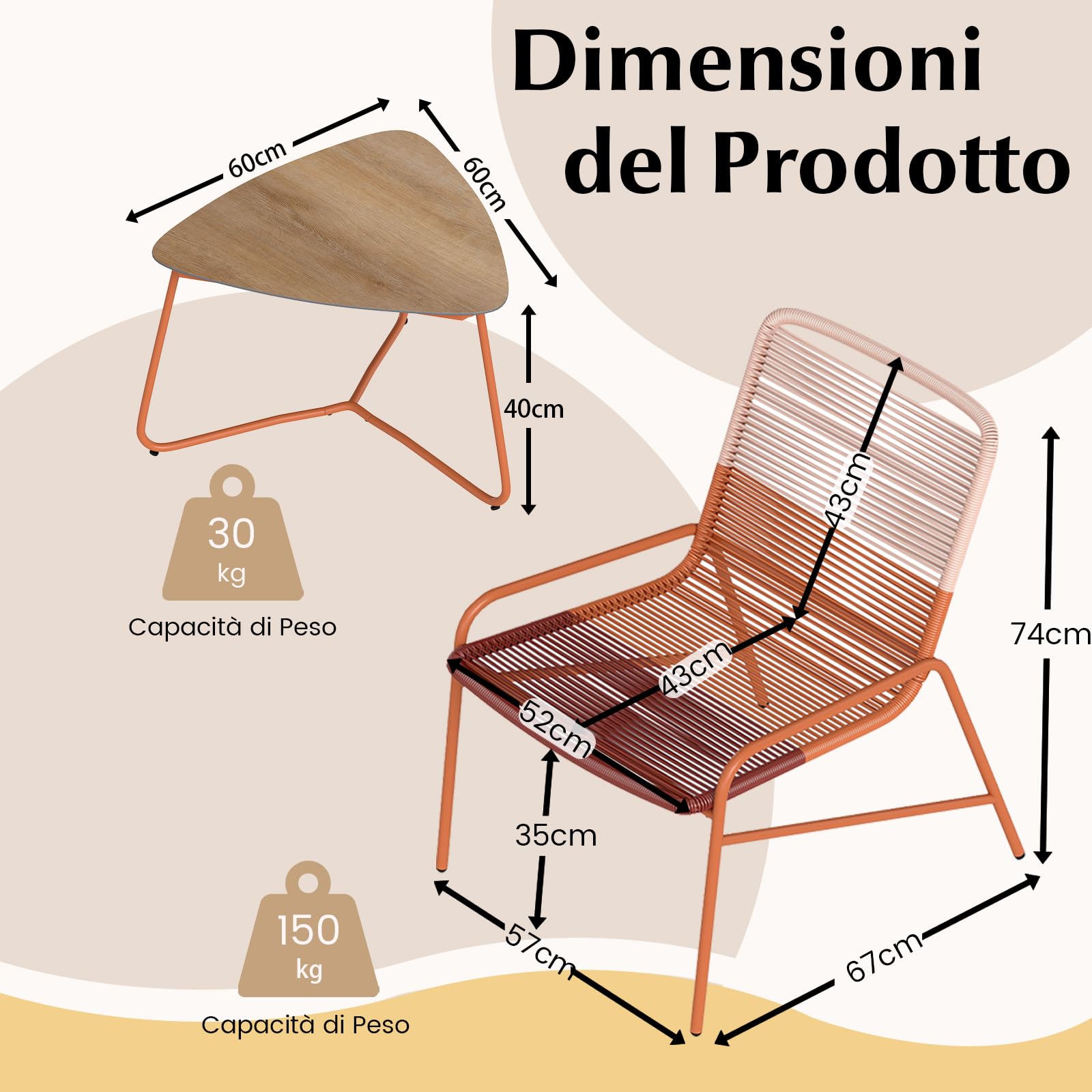 COSTWY Set Salotto da Giardino in Rattan PE, con 2 Sedie e Tavolo Laterale in Legno-Plastica, Set Bistro per Balcone, Portico e Cortile