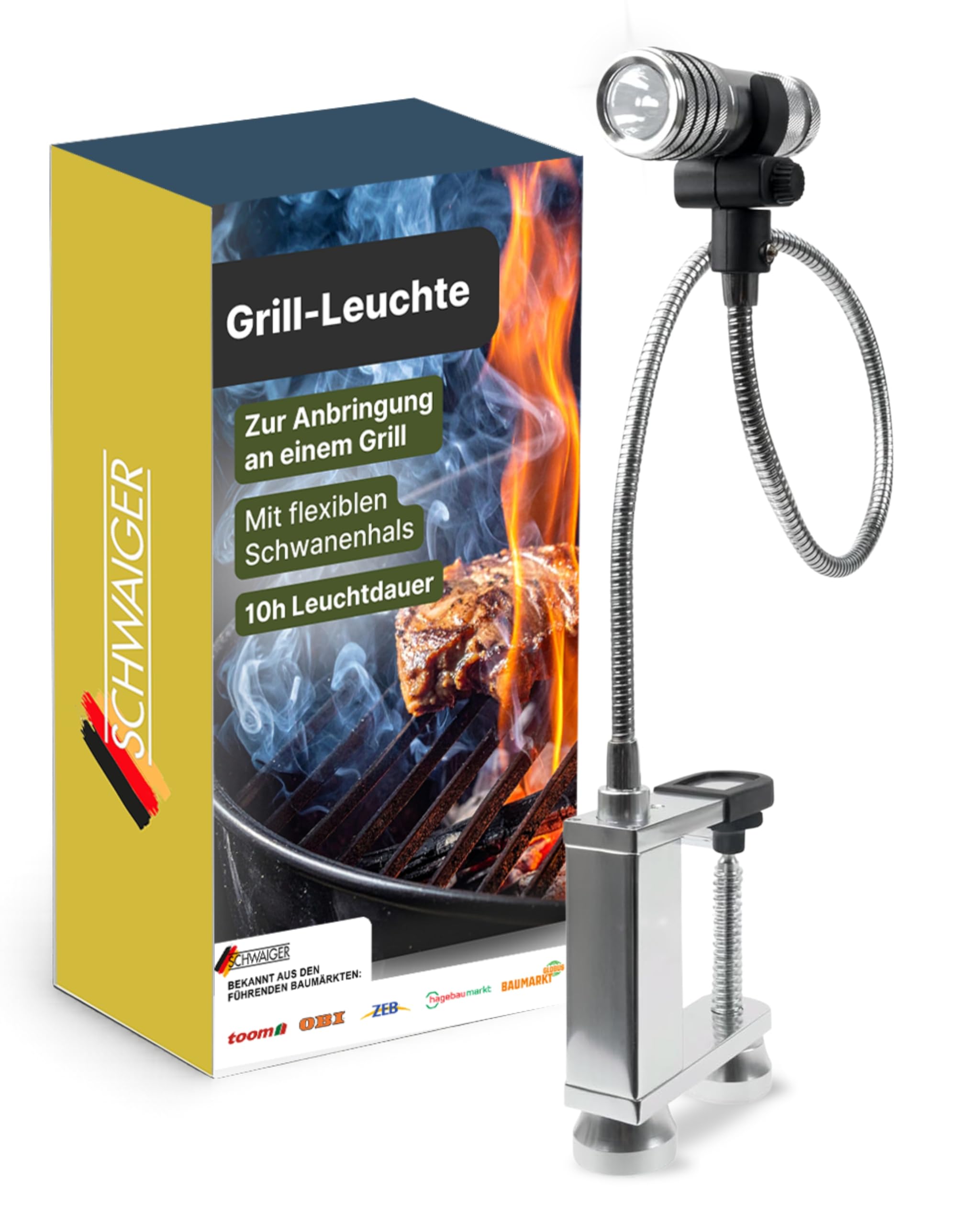 SCHWAIGER Grill-Leuchte I LED Grill Licht mit flexiblem Schwanenhals I hitzebeständige Grillbeleuchtung mit Klemme & Magnet I batteriebetriebene Grilllampe I Licht für BBQ