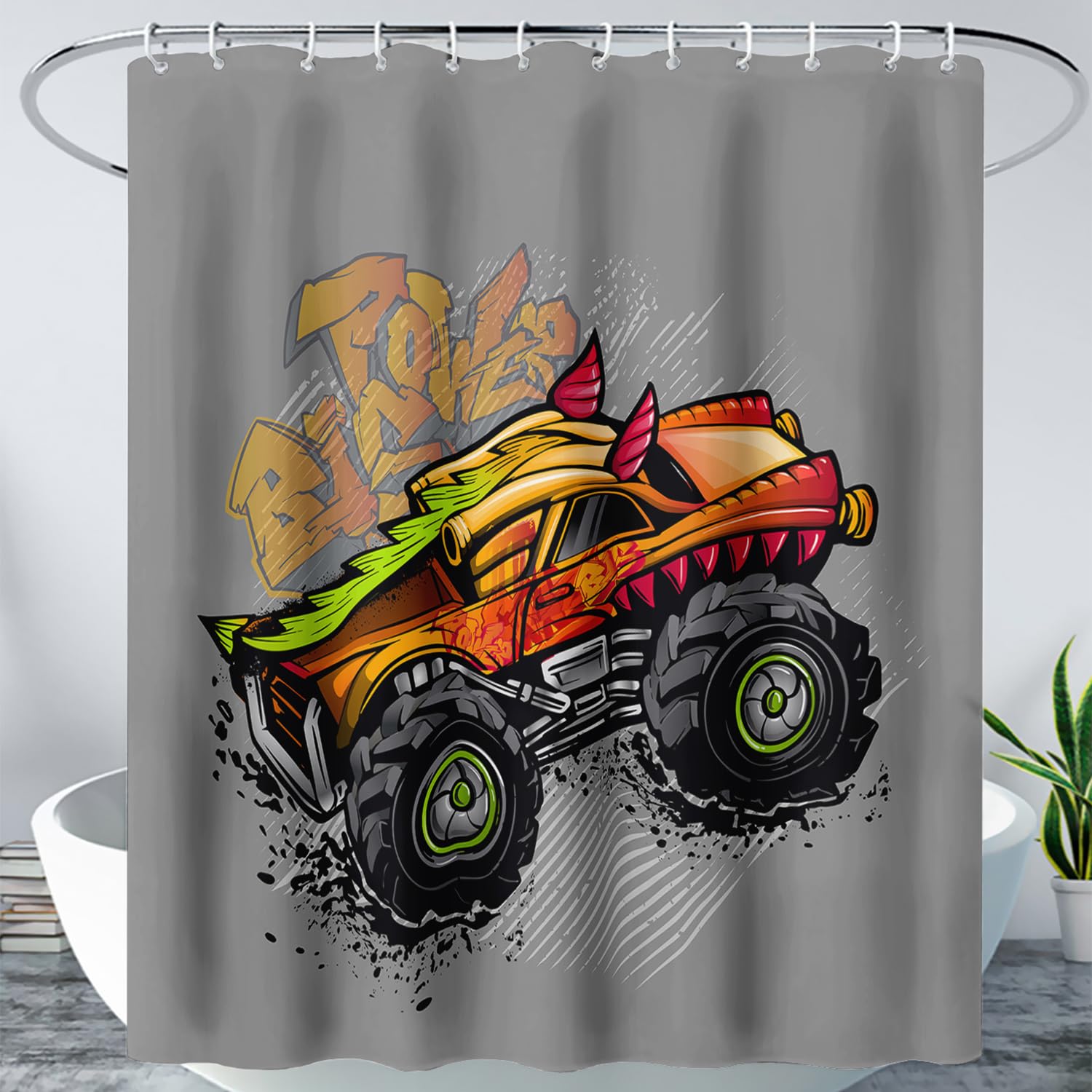 AILONEN Truck Shower Curtain for Kids Boys Teens,Red Monster Truck Bath Curtain for Bathroom Decor,Jam Truck Polyester Waterproof with 12 Plastic Hooks 60