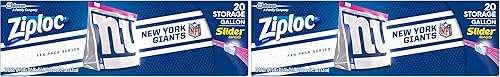 Ziploc Bolsa de almacenamiento deslizante, ideal para aperitivos y para llevar, cola o hogar, 20 unidades, NFL New York Giants (paquete de 2)