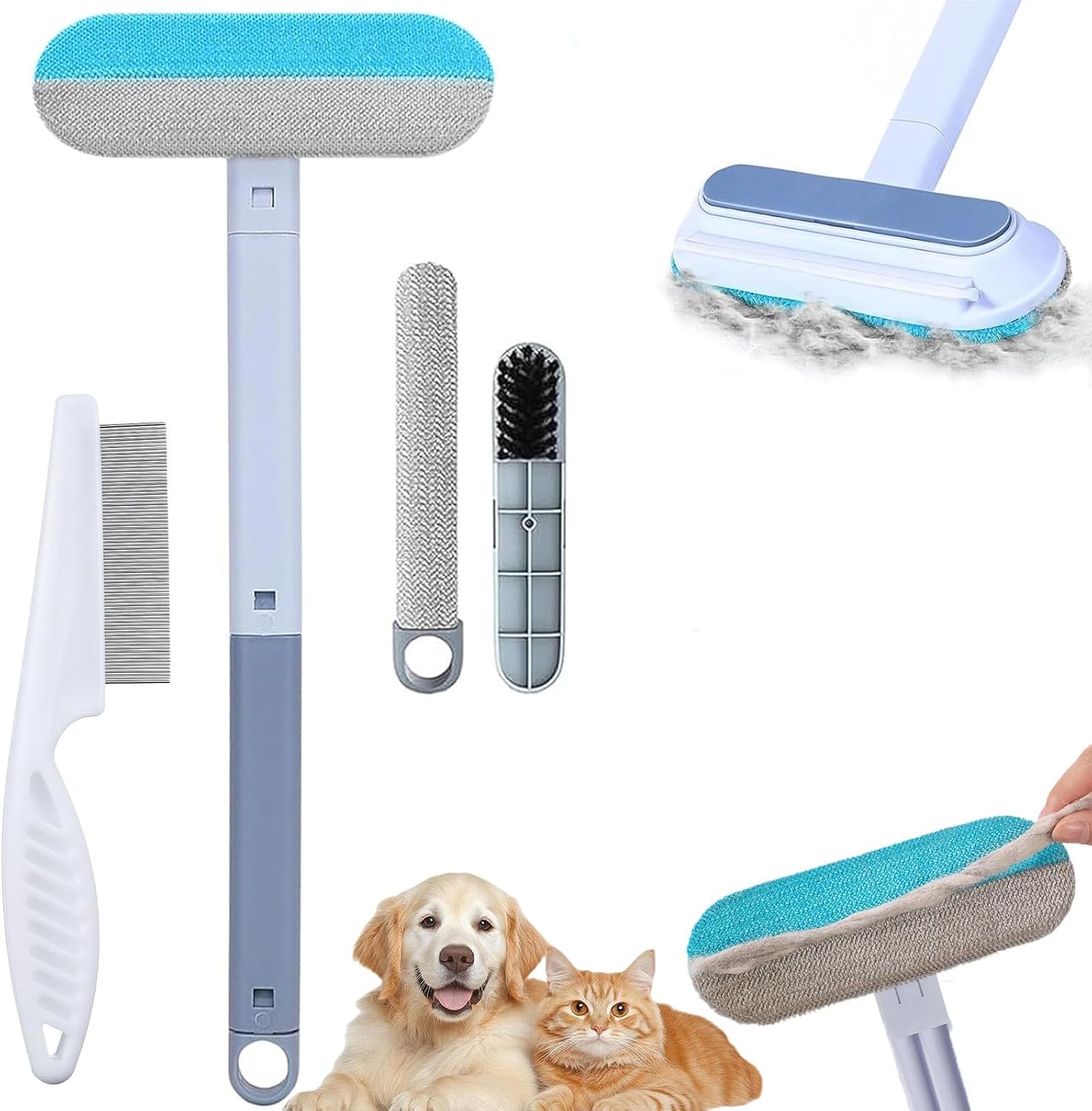 Pet Hair Remover Brush – Reusable Multifunctional Pet Hair Removal Tool for Furniture, 4 in1 Cat and Dog Hair Removal, 17.3Inch Adjustable Long Handle, Gentle on Couch Carpets Bedding (1 Set)