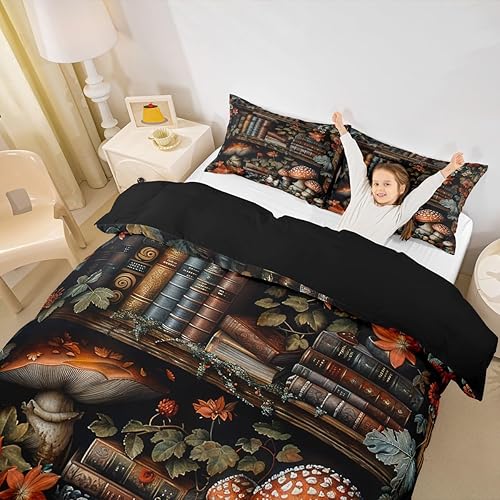 Miniatura 183 de Juego de funda de edredón de 3 piezas, diseño de hongos, diseño de hojas botánicas de acuarela y fresa, para niños, adolescentes, adultos, libélula