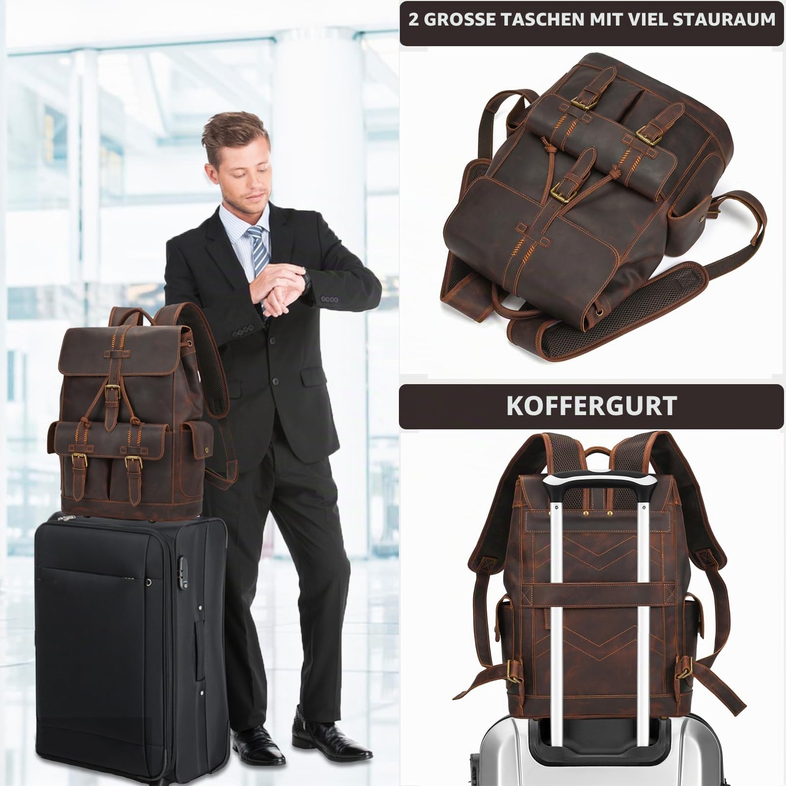 Reiserucksack Leder Rucksack Herren, Groß Handgepäck Travel Backpack 15.6 Zoll Laptop Rucksacktasche Tagesrucksäcke für Weekender Trip Business