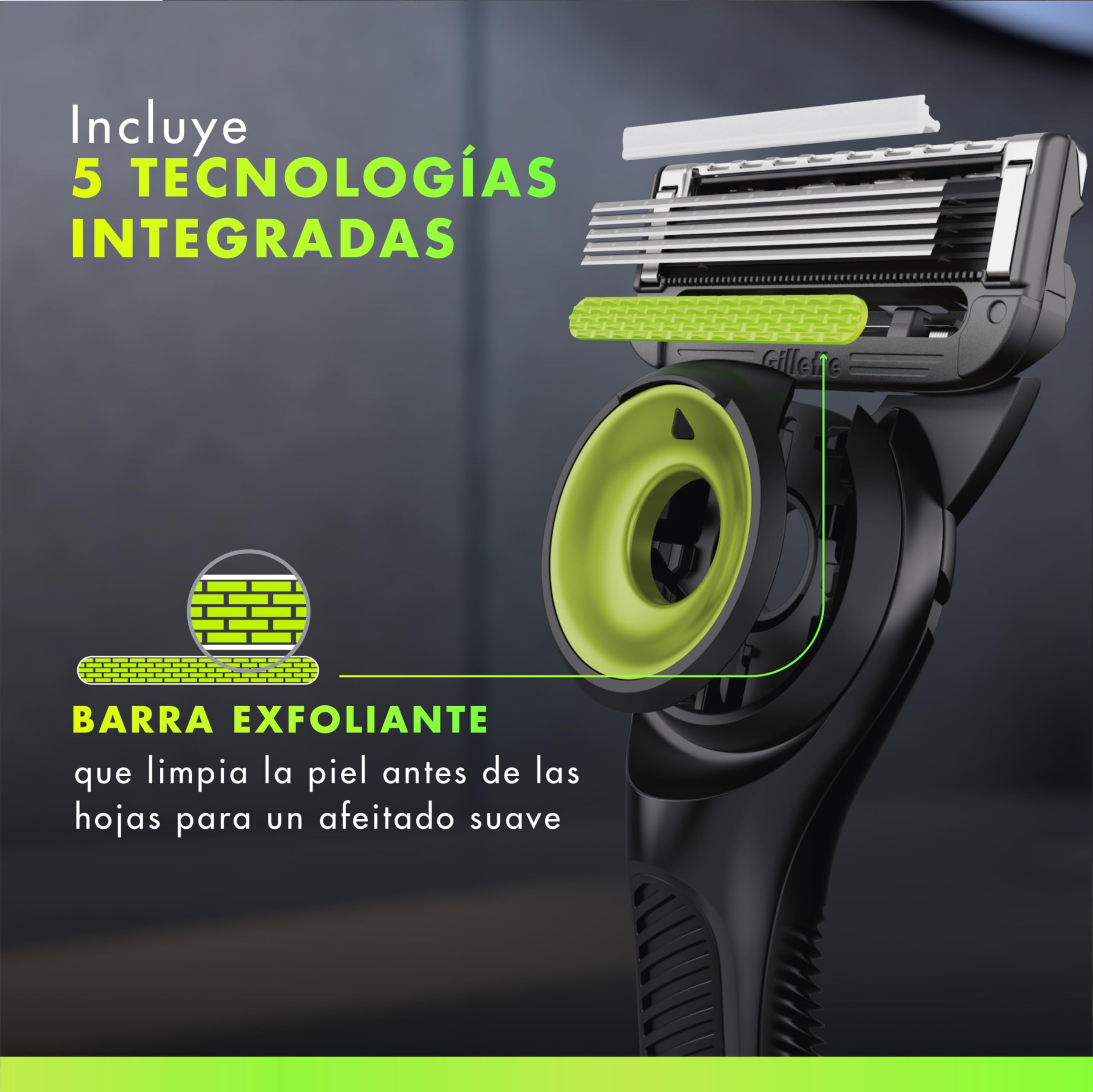 GilletteLabs Maquinilla de Afeitar Neon Night Edition con Recambios, 1 Mango de Metal con Barra Exfoliante Integrada, 8 Cuchillas con Banda Lubricante, 1 Soporte Magnético