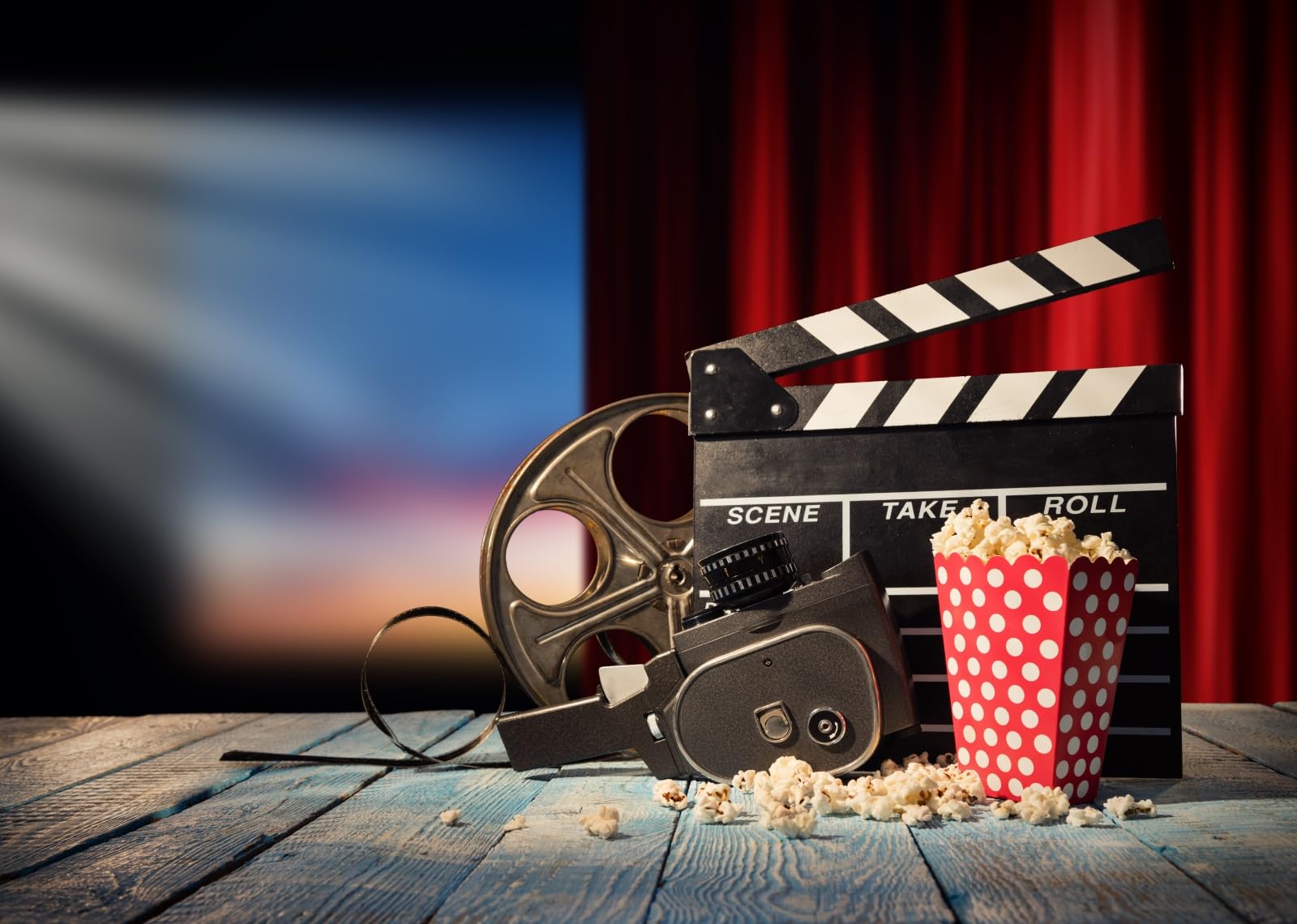 3.5x3m Sfondo di film retrò Vecchia cinepresa su sfondo di tavola di legno Sfondo di serata cinema Sfondo di proiettore cinematografico in stile antico Decorazione per feste