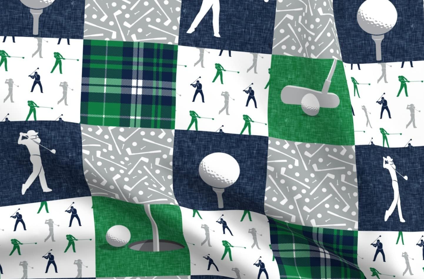 Spoonflower Fabric - Golf Patchwork Golfing Green Navy Gray Plaid Printed on Polartec(R) Fleece Fabric by The Yard - Sewing Blankets Loungewear and No-Sew Projects