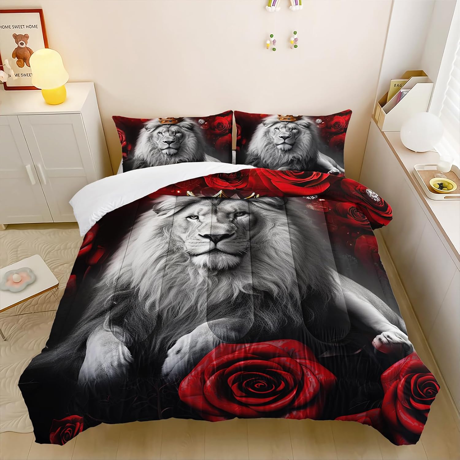 Wild Lion Comforter Set Queen Size, 3Pcs Animal Lion and Red Rose Bedding Set for Women and Adults, Cheetah Soft Comforter Set for Bedroom Bed Decor, 1 Comforter+ 2 Pillowcases.