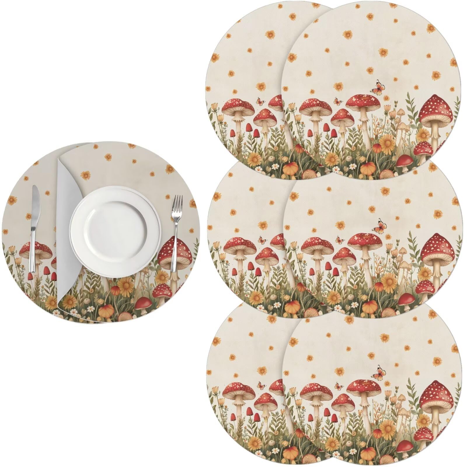 Generic Table Placemats Set of 6 Wipable Fashion Mushroom Round Table Mats Set of 6 Washable Faux Leather Placemats Easy to Clean for Kitchen Tables Party Decoration 15 Inches โ image 1