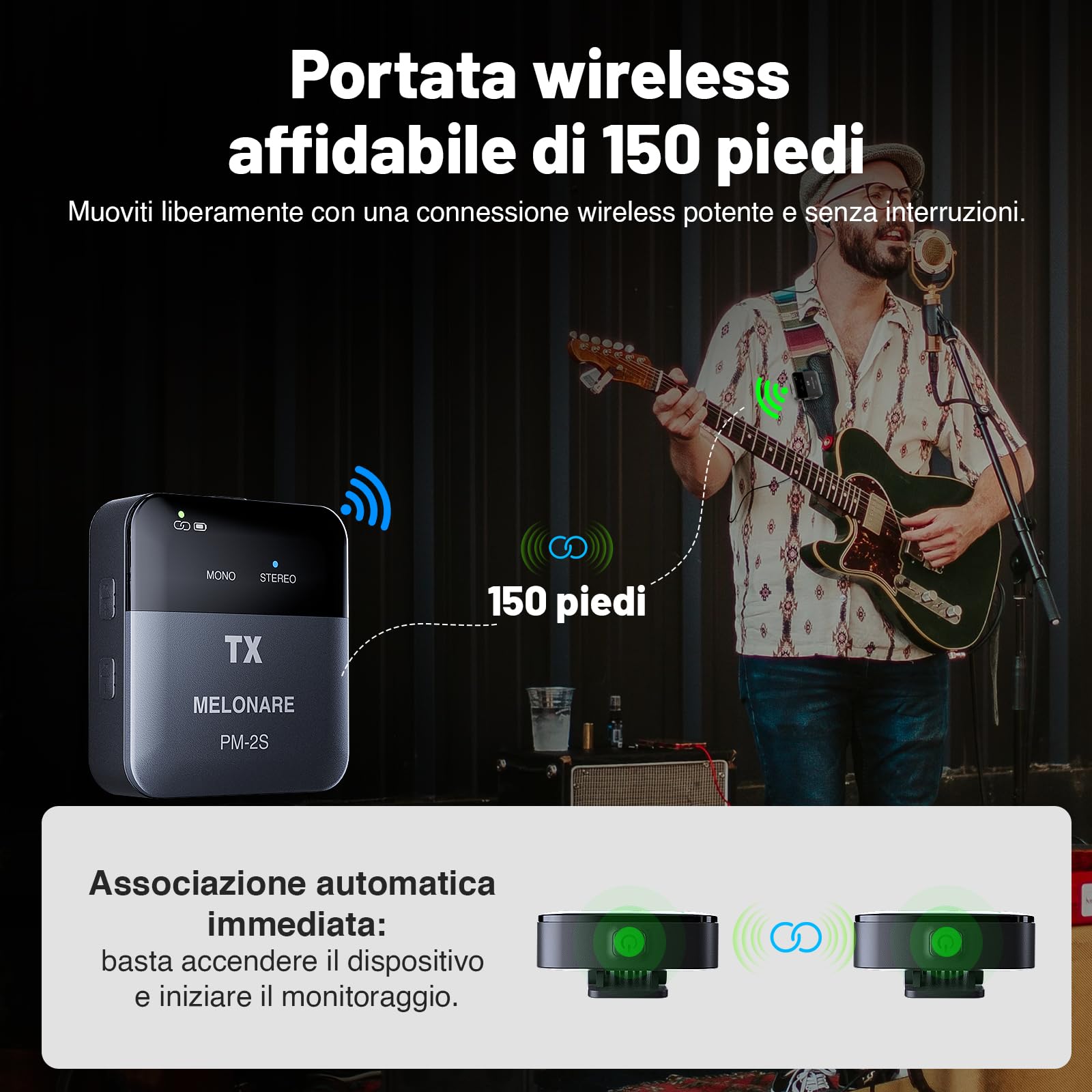 MELONARE PM-2S Sistema di monitoraggio wireless portatile in ear, interruttore mono/stereo, trasmettitore e ricevitore wireless, audio 24bit/48kHz, ingresso OTG, IEM per spettacoli dal vivo