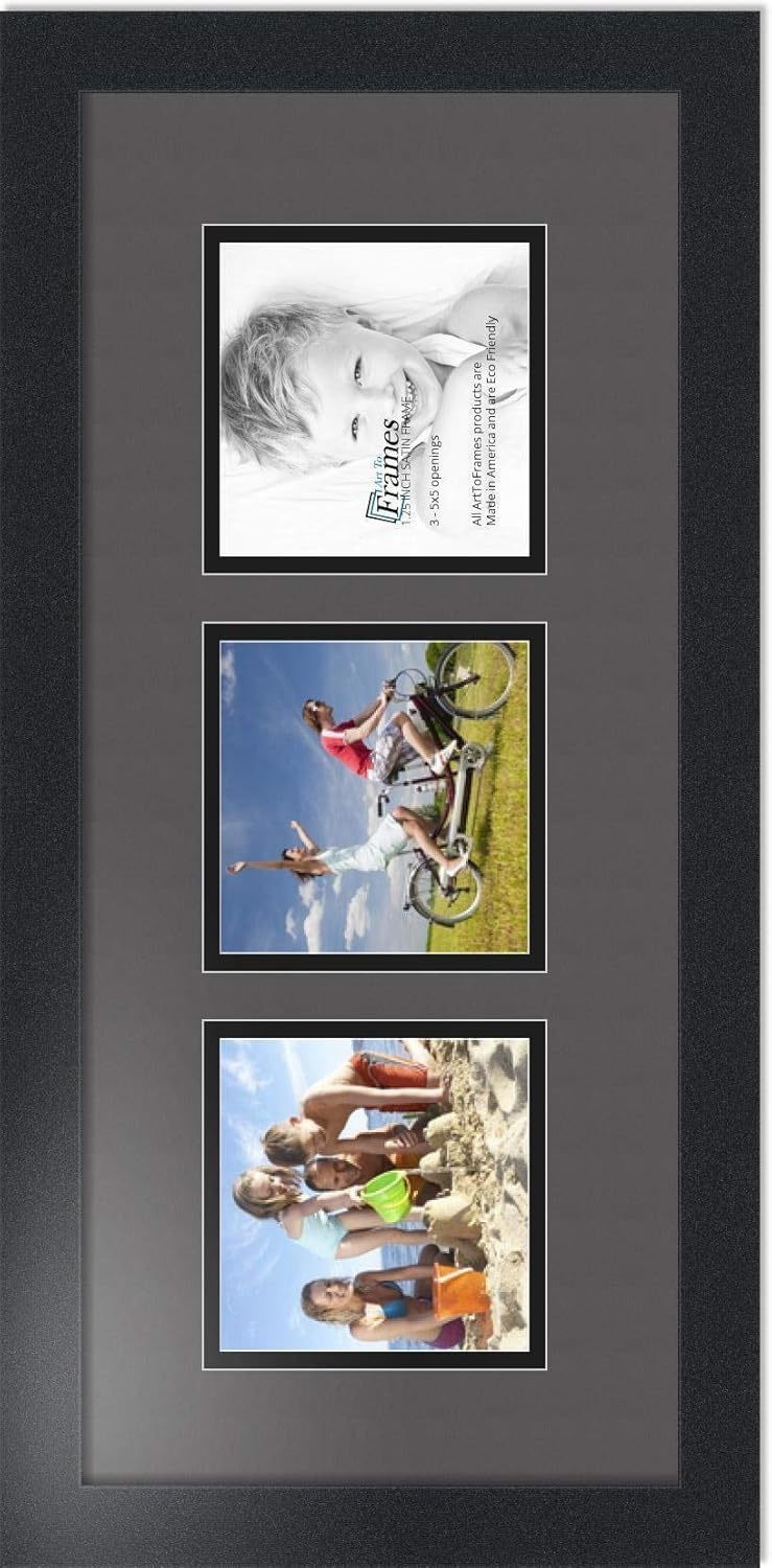 ArtToFrames Collage Photo Frame Double Mat with 3 - 5x5 Openings and Satin Black Frame