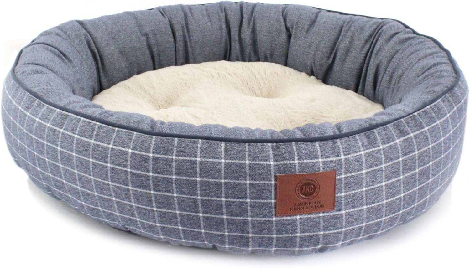 AMERICAN KENNEL CLUB 31-Inch Deluxe Plaid Round Bolster Dog Bed Blue