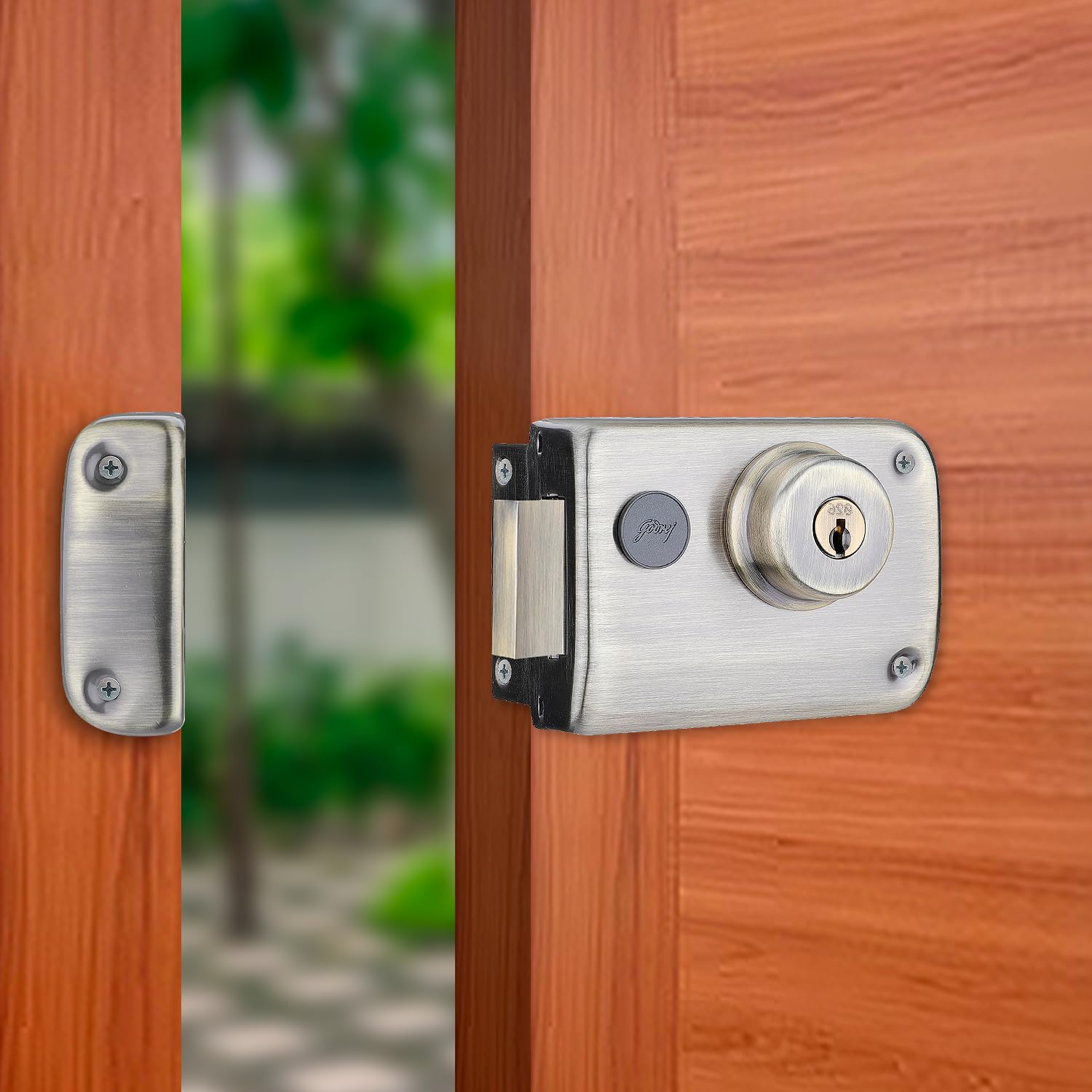 Godrej Rim Lock I Rim Deadbolt Ultra XL+ I 2C Deadbolt I for Inside Opening Wooden Main Door | Left/Right Handed Doors I 4 Keys I 5-Year Warranty I Manual Locking I Antique Brass Finish
