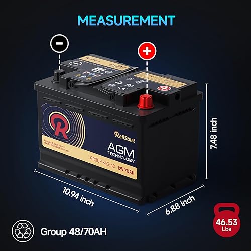 Miniatura 2 de Batería AGM BCI Group 48 - Batería automotriz de 12 V, 70 Ah H6, tamaño 48, batería de 12 V para arranque y parada recargable, ciclo profundo, 130