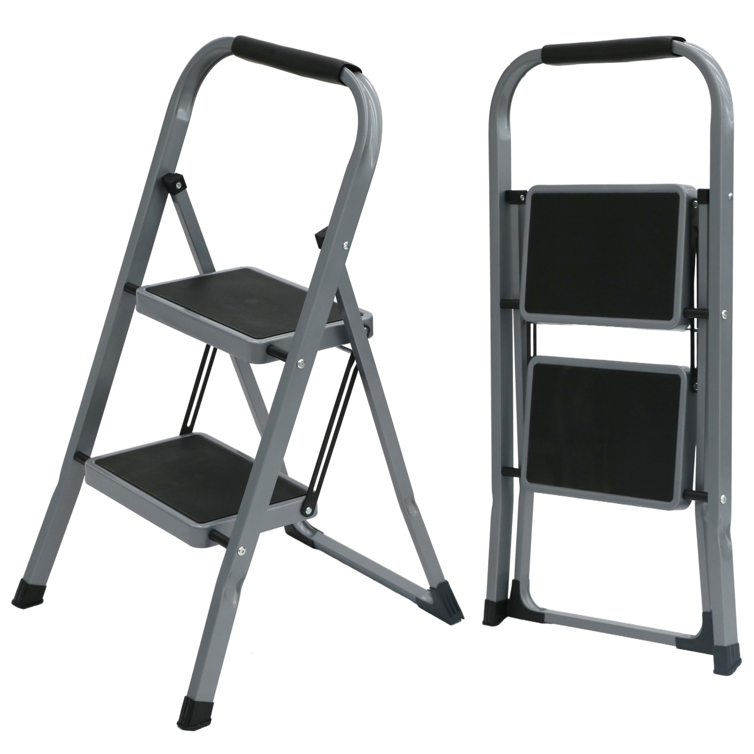 UZIRO Escalera Plegable 2 Peldaños -Estructura de Acero y Peldaño Antideslizante - Asa Superior de Goma - Escaleras Plegables Domésticas - Step Ladder para Hogar (Gris, 2 Pedaños)