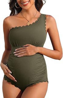 Charmo Scalloped One Shoulder Maternity Swimsuit Ribbed One Piece Pregnancy Ruched Bathing Suit for Women Swimwear 2026