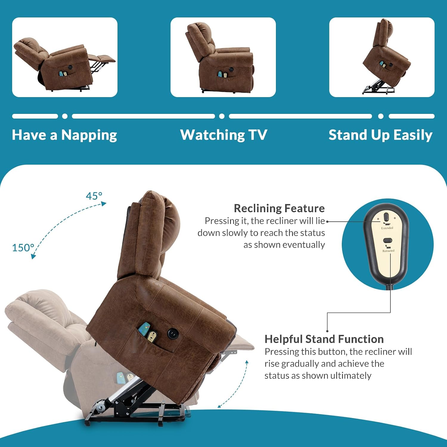 Electric Power Lift Recliner Chair with Massage and Heat for Elderly, 2 Remote Controls, 2 Side Pockets, and USB Ports (Brown)