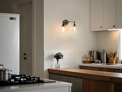 Miniatura 8 de PERMO Apliques de pared vintage industriales antiguos de 2 luces con embudo, pantalla de vidrio transparente de vidrio acampanado (negro)