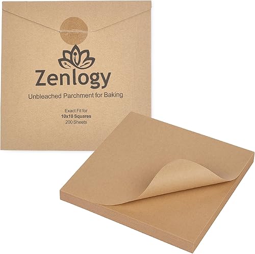 Zenlogy Cuadrados de papel pergamino de 10 x 10 pulgadas (200 hojas), sin blanquear, alto calor, antiadherente, papel de hornear precortado, se