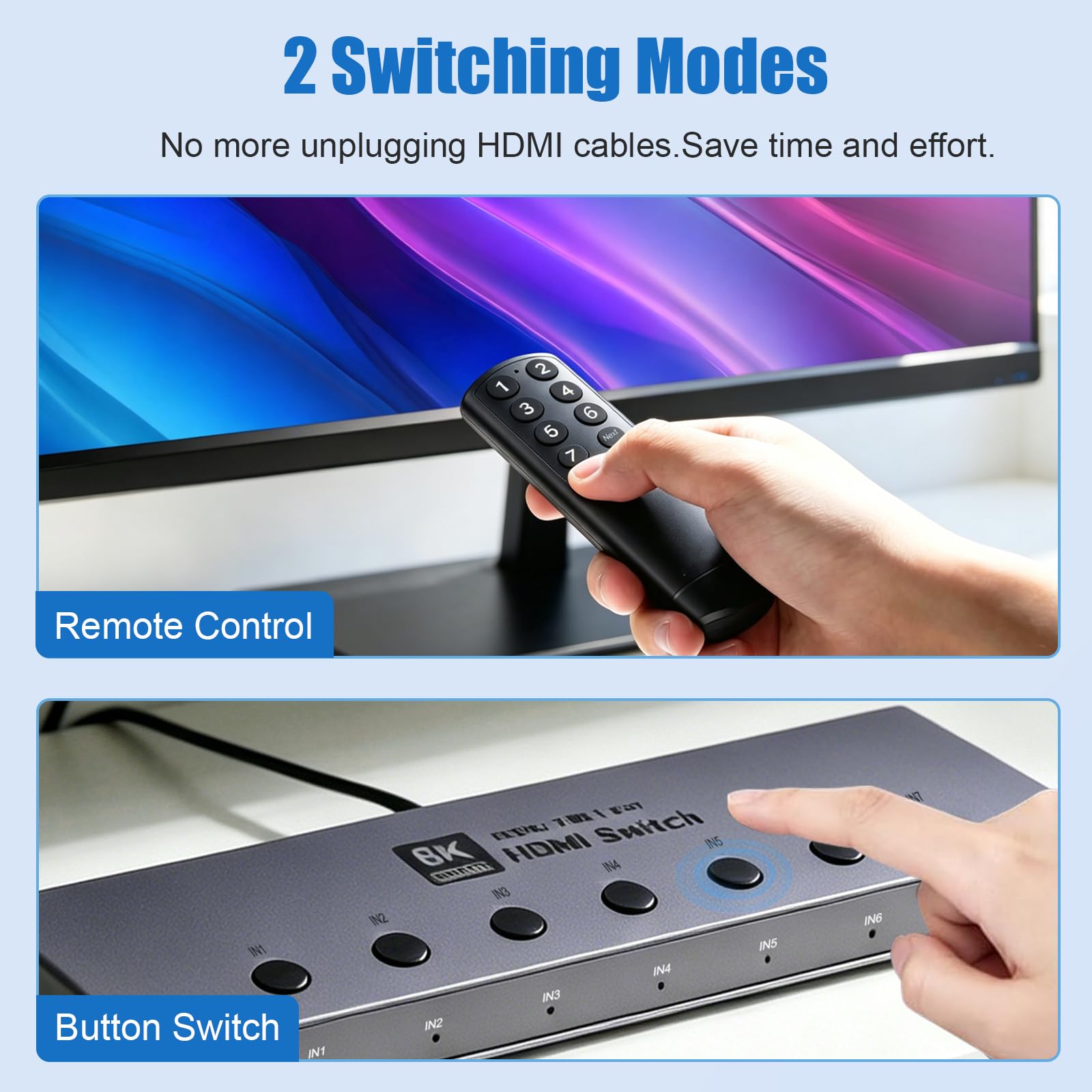 Conmutador HDMI 2.1 7x1, Tendak Aluminio 8K@60Hz HDMI Switch 7 en 1 Out HDMI Conmutador con mando a distancia IR Soporte 4K @ 120Hz/240Hz, HDR10+, HDCP 2.3