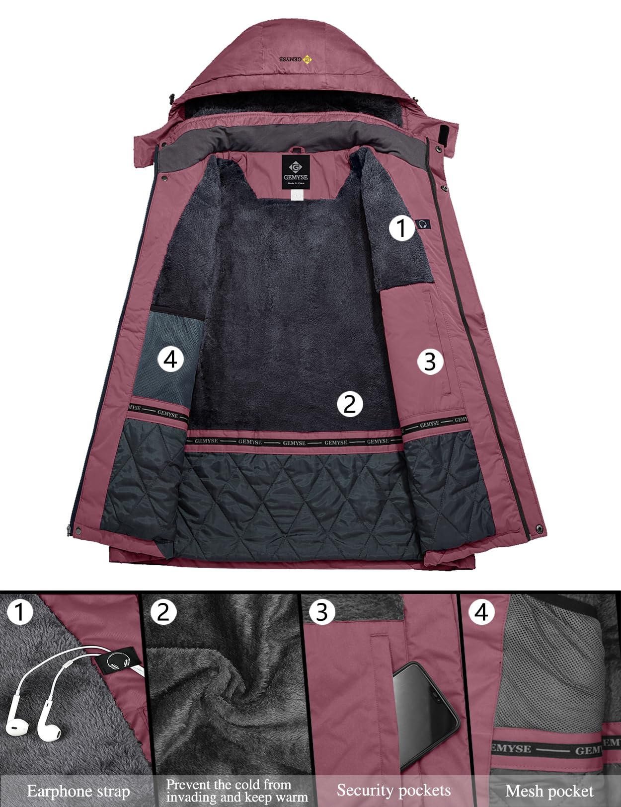 GEMYSE Veste de Ski Femme Imperméable Coupe-Vent Manteau d'Hiver Chaud avec Capuche de Montagne Extérieur en Polaire