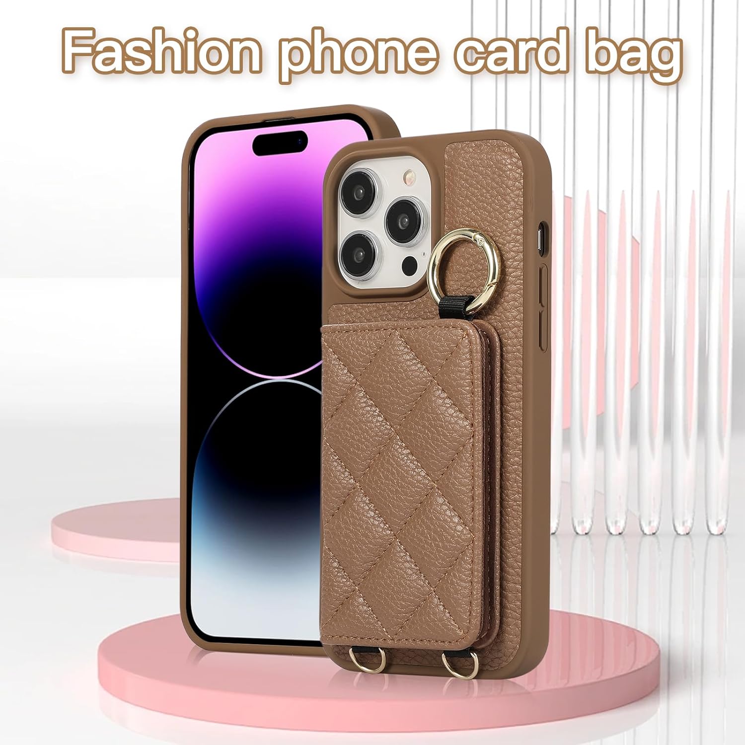 Case for iPhone 14 Pro Shockproof Phone with Adjustable Necklace RFID Wallet Case Card Tray with Band Ring Stand Makeup Mirror Cover - Brown