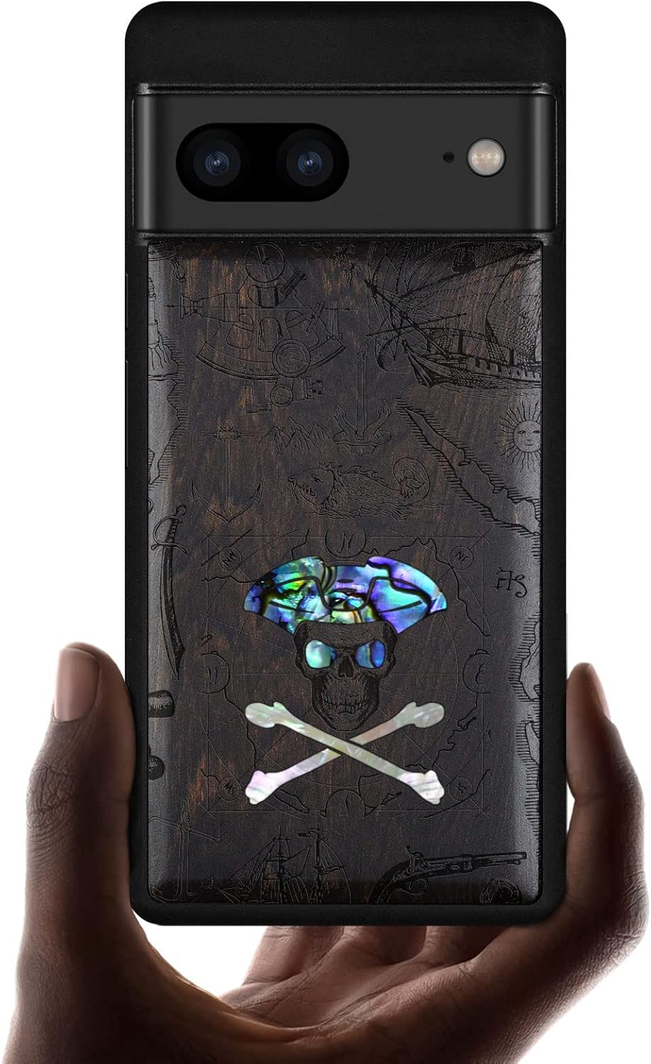 Carveit Designer Wooden Case for Google Pixel 7 Case Protective Cover [Wood Engraving & Shell Inlay] Unique Wood Cover Compatible with Wireless Chargers Pixel 7 (Pirate Skull-Rosy)